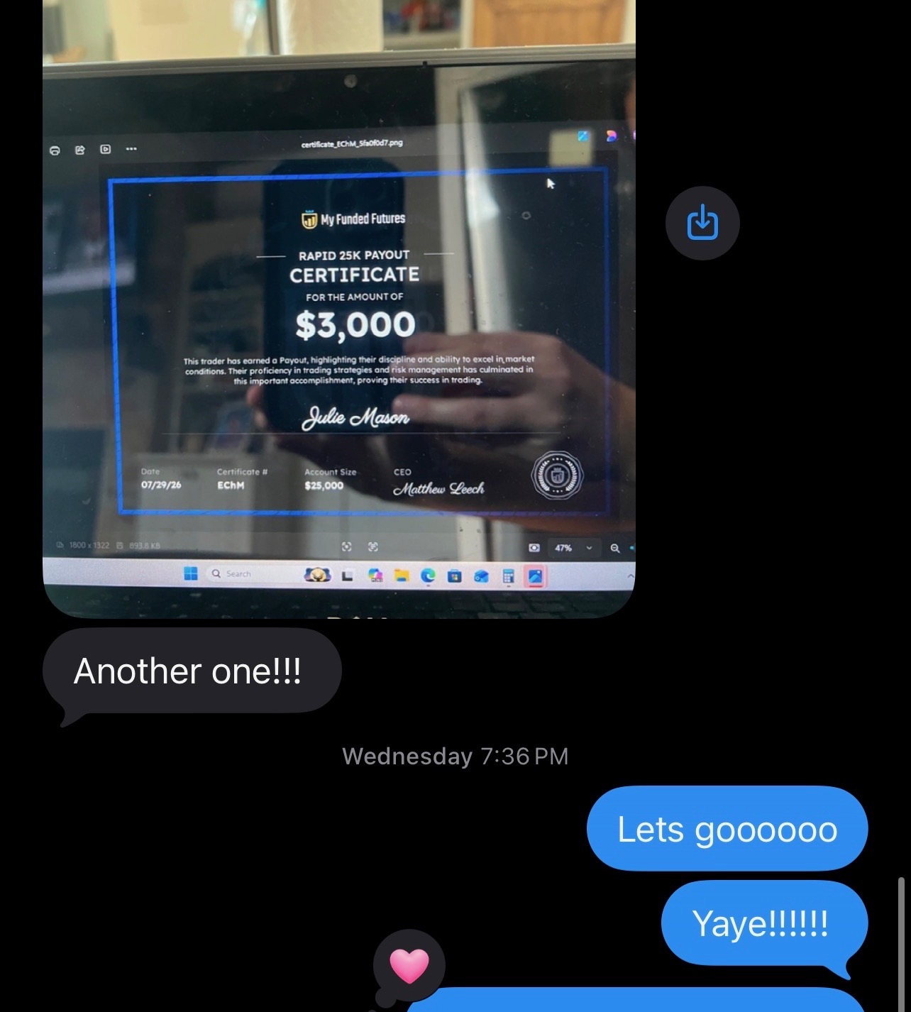 Student sharing her first payout