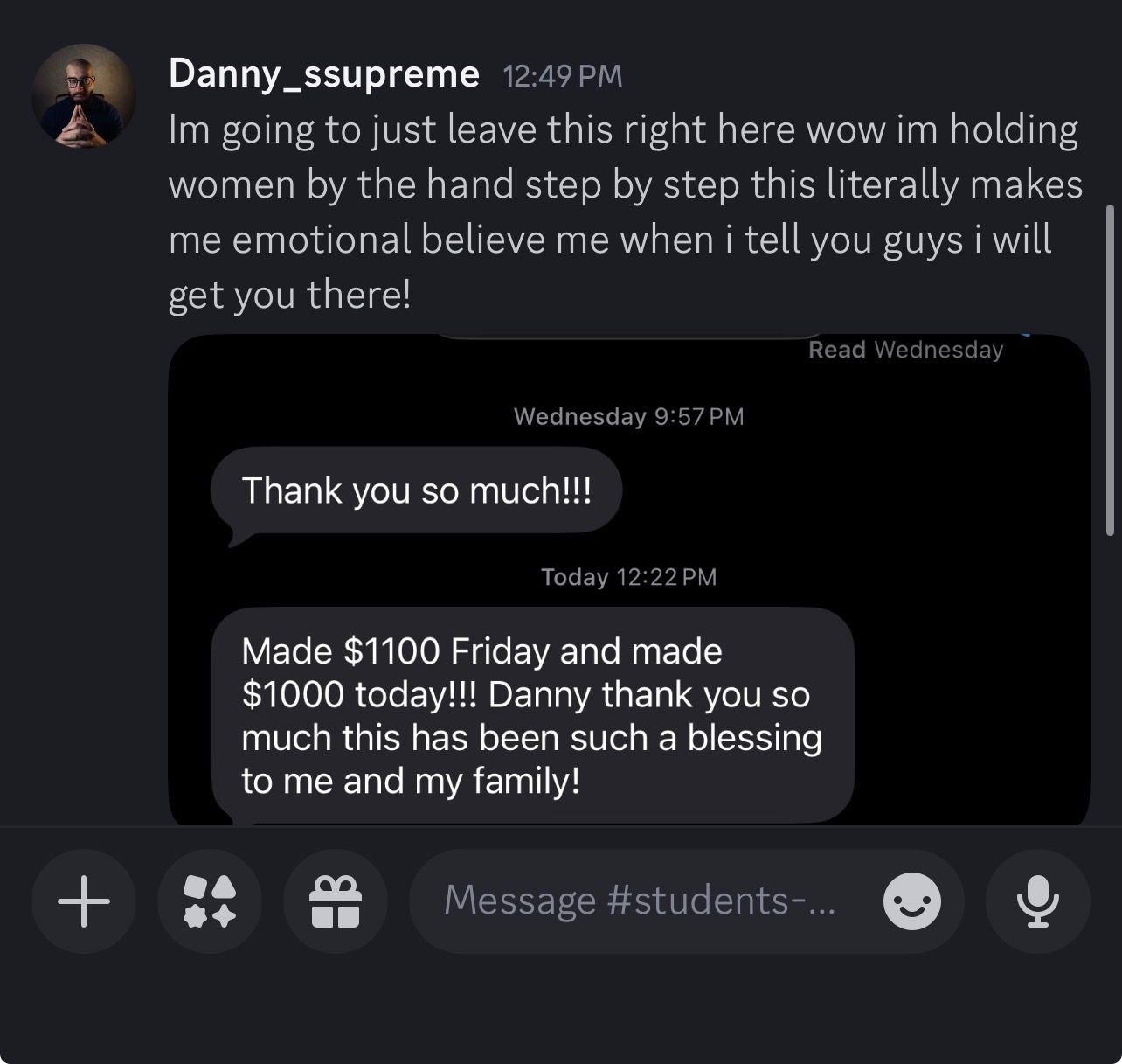 Student thanking Danny